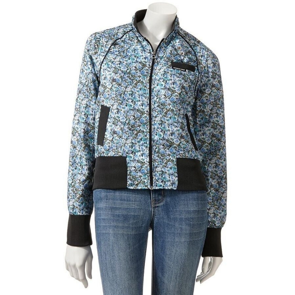 Womens MO X Members Only Floral Bomber Jacket - Blue Satin Size L